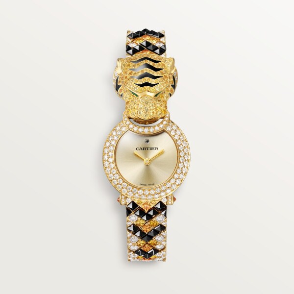 Reloj joya con animales  23,6 mm, movimiento de cuarzo, oro amarillo, zafiros, esmeraldas, diamantes